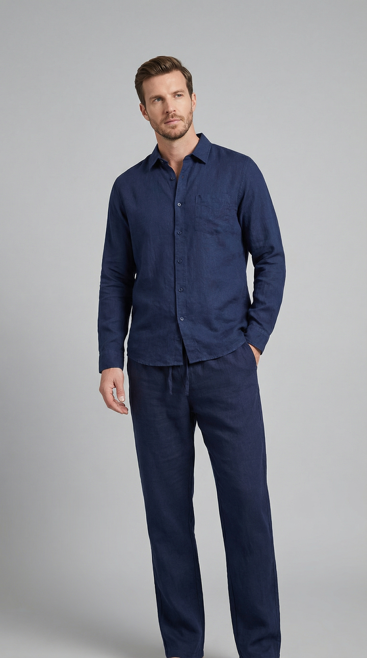 Men's Linen Co-Ord Shirt and Trouser Set - Slim Fit Resort Wear — Navy