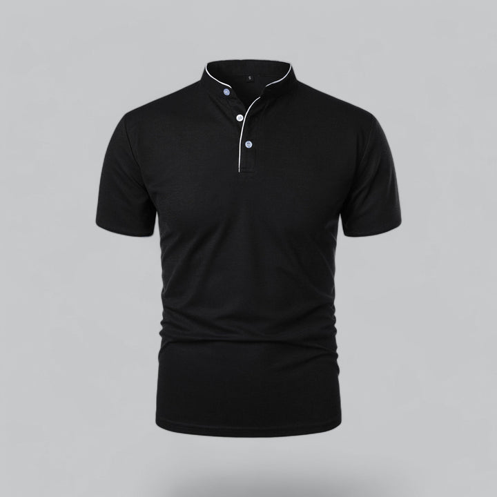 Men's Cotton Collarless Polo Shirt with Ribbed Trim - Relaxed Summer Polo — Black