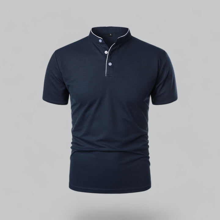 Men's Cotton Collarless Polo Shirt with Ribbed Trim - Relaxed Summer Polo — Navy Blue
