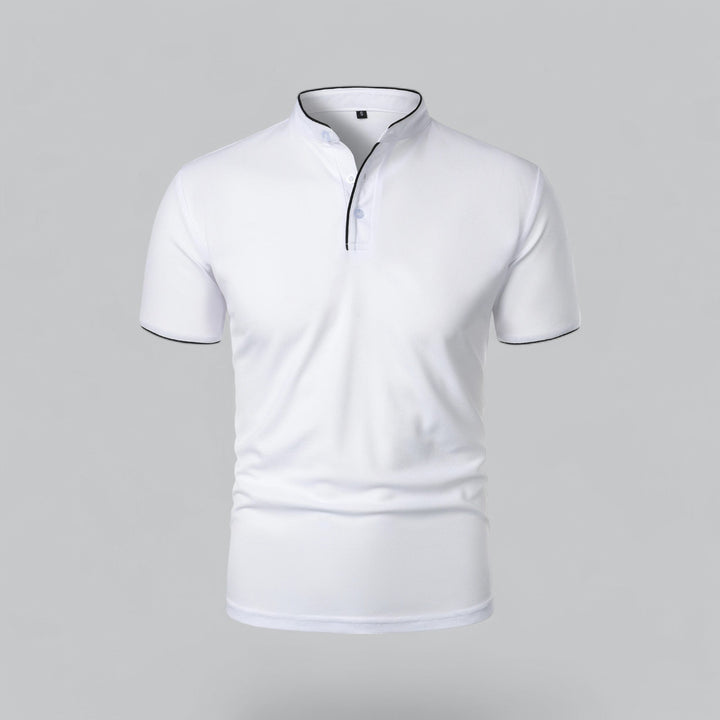 Men's Cotton Collarless Polo Shirt with Ribbed Trim - Relaxed Summer Polo — White
