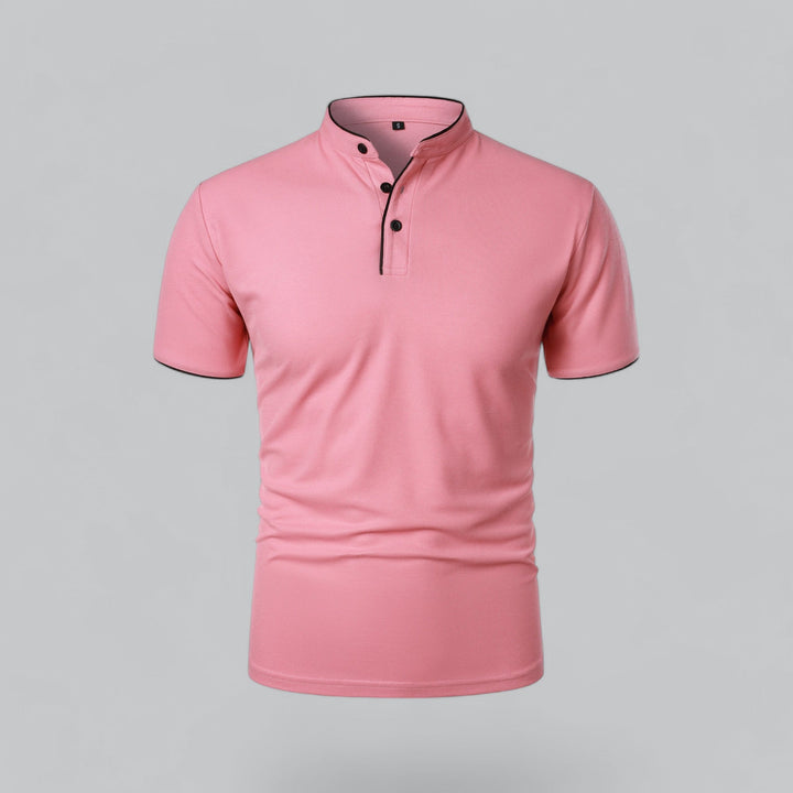 Men's Cotton Collarless Polo Shirt with Ribbed Trim - Relaxed Summer Polo — Pink