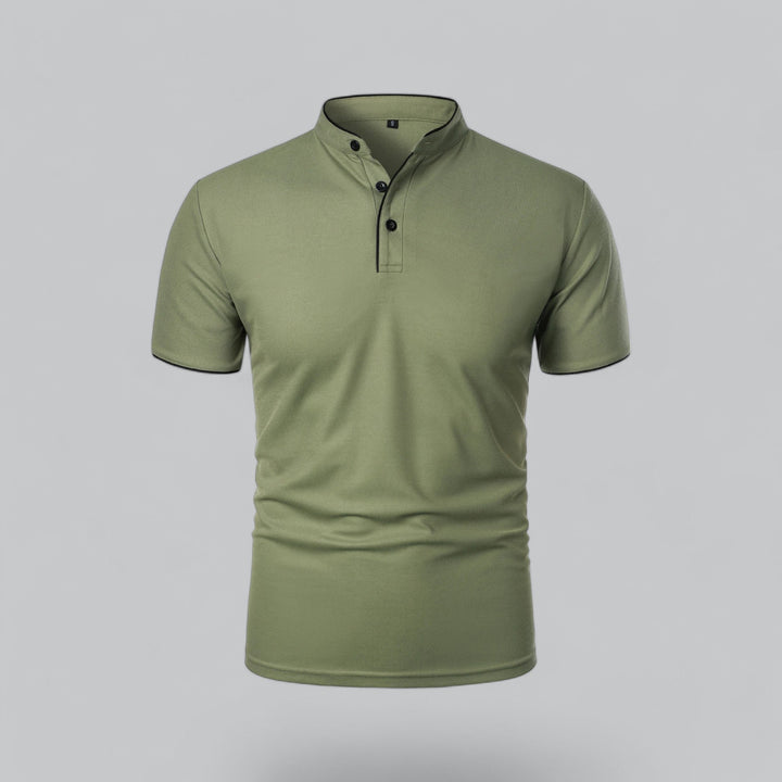 Men's Cotton Collarless Polo Shirt with Ribbed Trim - Relaxed Summer Polo — Green