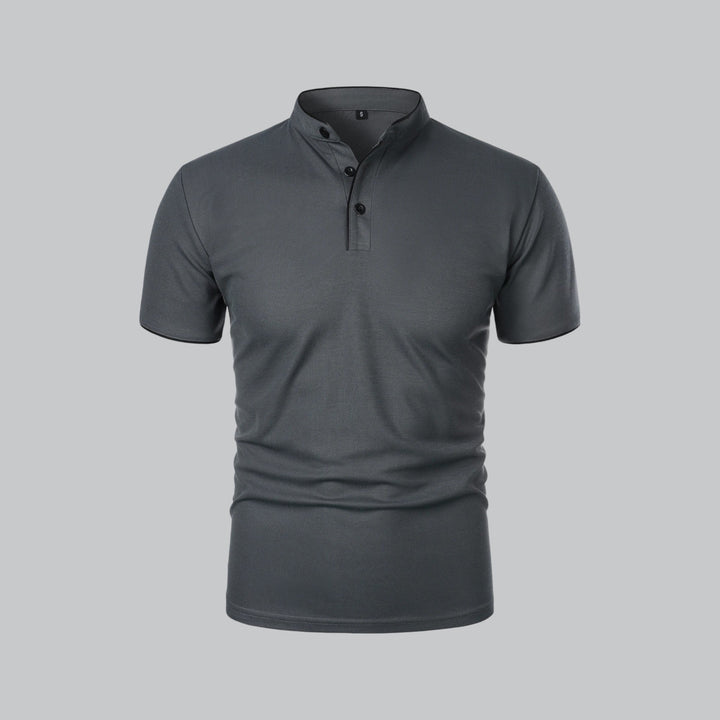 Men's Cotton Collarless Polo Shirt with Ribbed Trim - Relaxed Summer Polo — Dark Grey