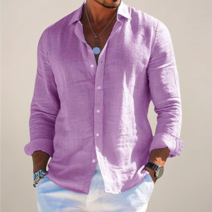 Men's Linen Long Sleeve Shirt with Button Cuffs - Breathable Summer Shirt — Purple