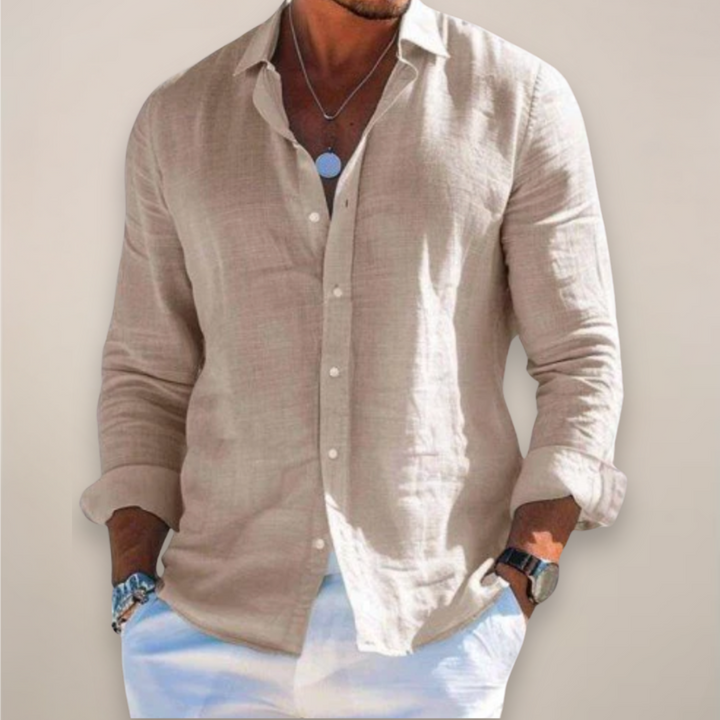 Men's Linen Long Sleeve Shirt with Button Cuffs - Breathable Summer Shirt — Khaki