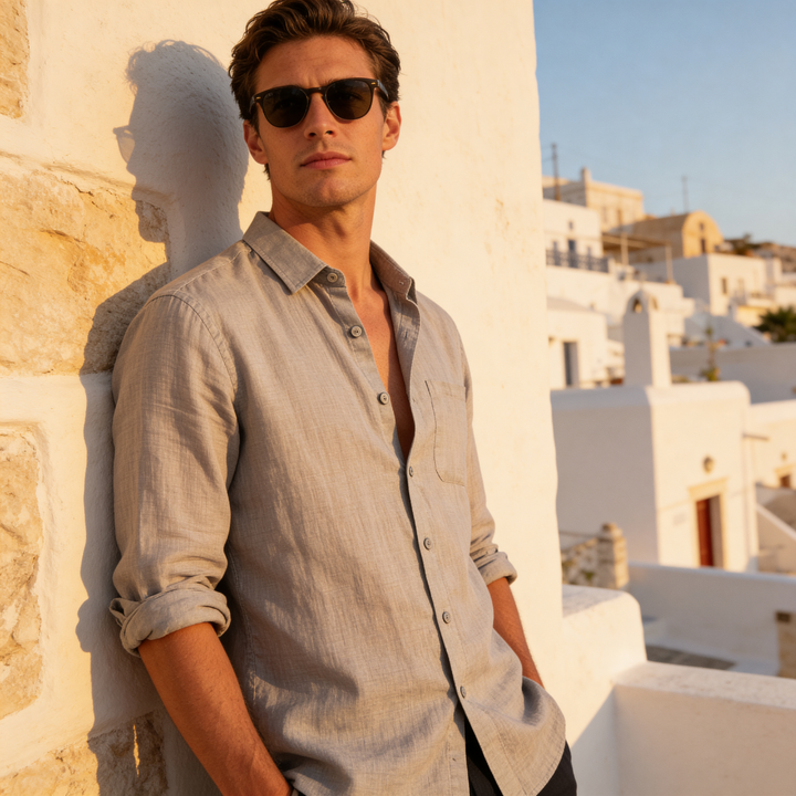 Men's Linen Long Sleeve Shirt with Chest Pocket - Relaxed Fit — Grey