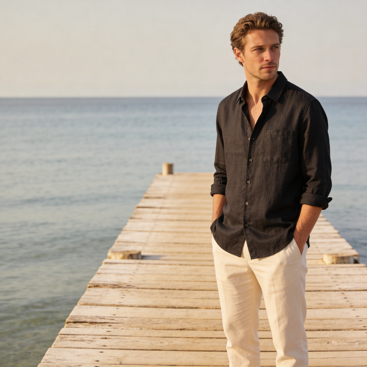 Men's Linen Long Sleeve Shirt with Chest Pocket - Relaxed Fit — Black