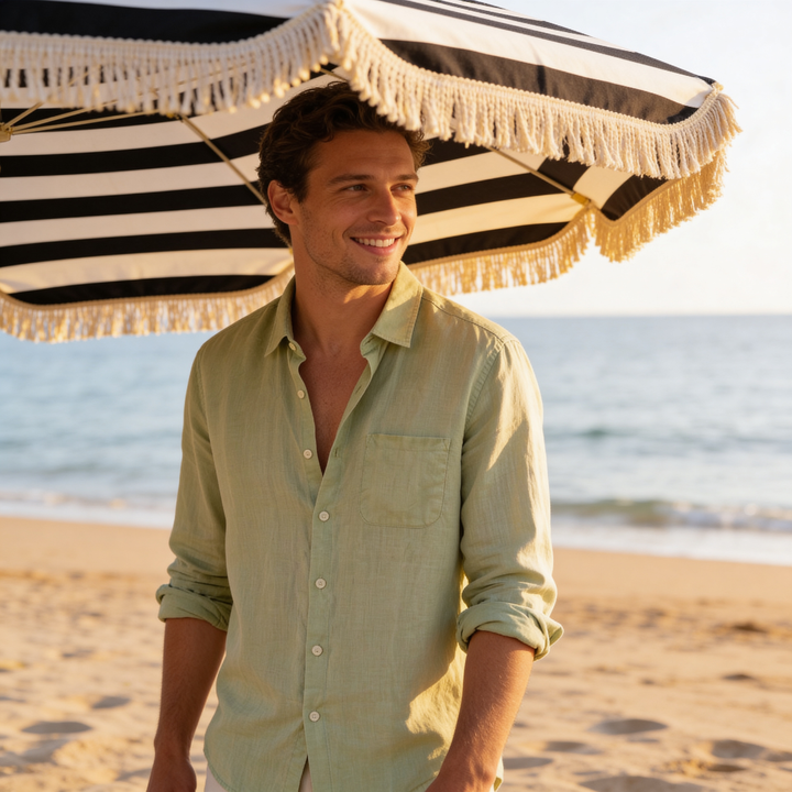 Men's Linen Long Sleeve Shirt with Chest Pocket - Relaxed Fit — Light Green