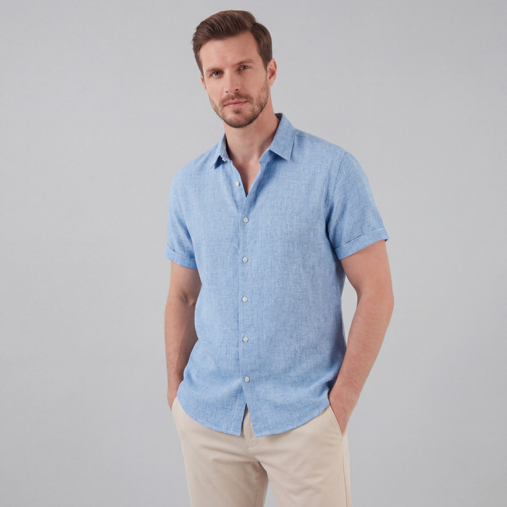 Men's Linen Cotton Blend Short Sleeve Shirt - Lightweight Summer Beach Shirt — Blue
