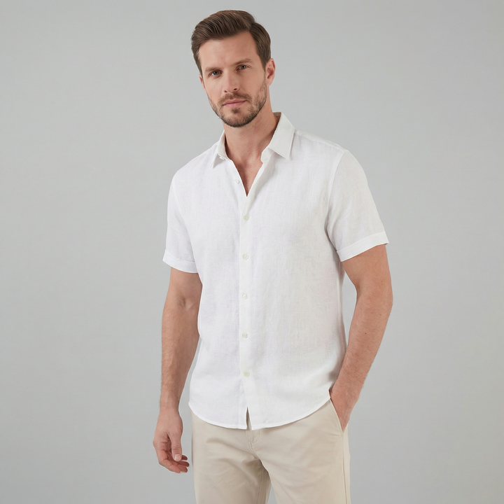 Men's Linen Cotton Blend Short Sleeve Shirt - Lightweight Summer Beach Shirt — White