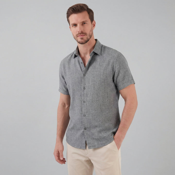 Men's Linen Cotton Blend Short Sleeve Shirt - Lightweight Summer Beach Shirt — Grey