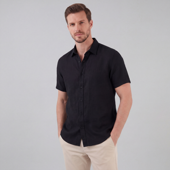 Men's Linen Cotton Blend Short Sleeve Shirt - Lightweight Summer Beach Shirt — Black
