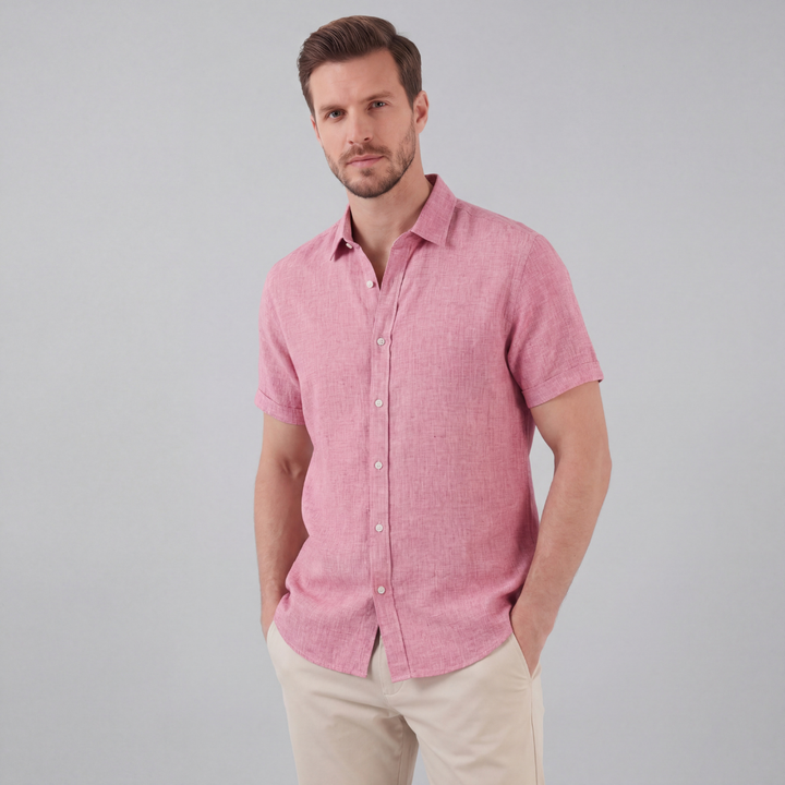 Men's Linen Cotton Blend Short Sleeve Shirt - Lightweight Summer Beach Shirt — Pink