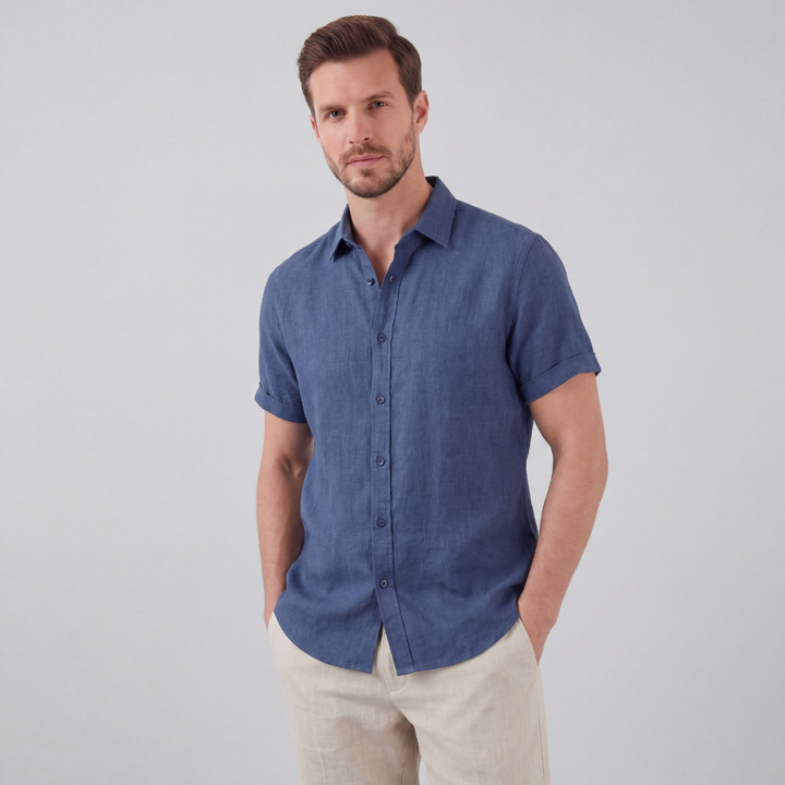 Men's Linen Cotton Blend Short Sleeve Shirt - Lightweight Summer Beach Shirt — Navy
