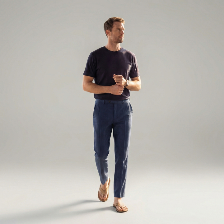 Men's Classic Fit Linen Summer Trousers - Straight-Leg Casual Dress Pants — Navy