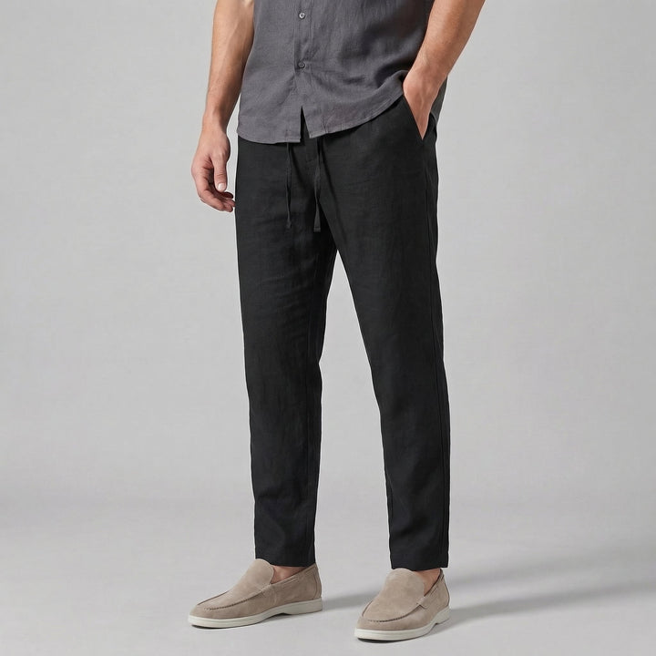 Men's Linen Cotton Blend Wide Leg Trousers - Relaxed Summer Pants — Black