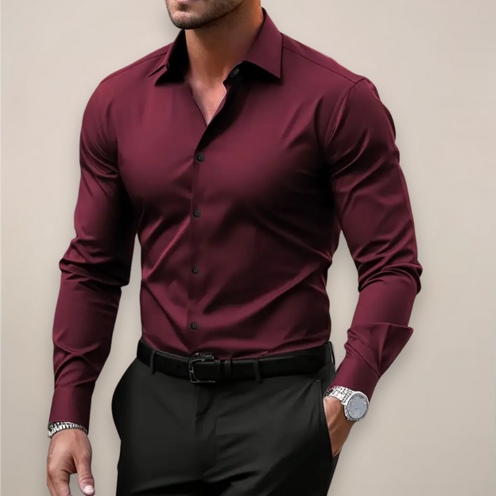 Men's Long Sleeve Shirt with Classic Point Collar - Smart Casual Everyday Shirt — Wine Red
