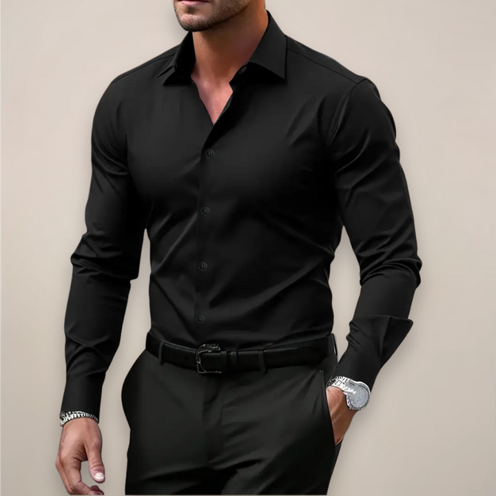 Men's Long Sleeve Shirt with Classic Point Collar - Smart Casual Everyday Shirt — Black
