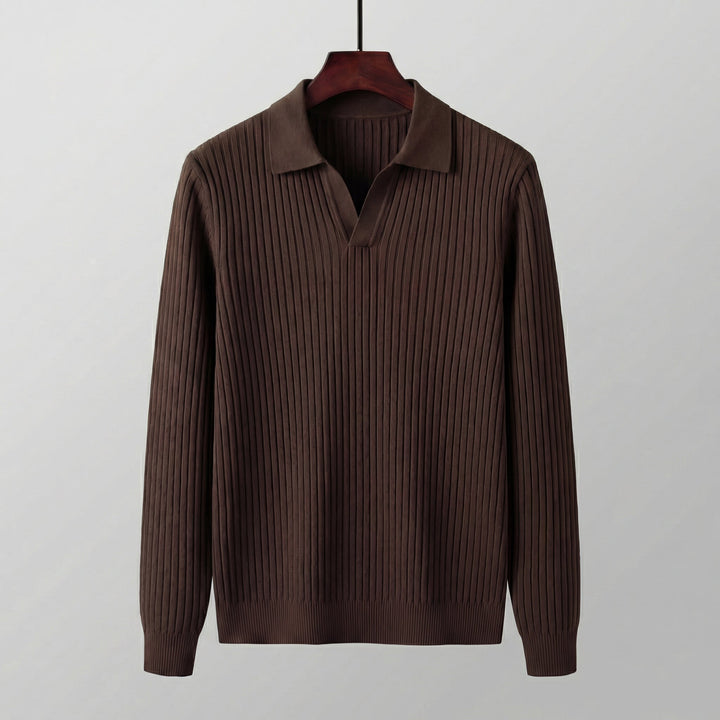 Men's Long Sleeve V-Neck Polo with Open Placket Collar - Tailored Transitional Style — Brown