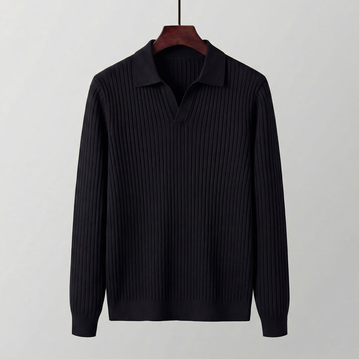 Men's Long Sleeve V-Neck Polo with Open Placket Collar - Tailored Transitional Style — Black