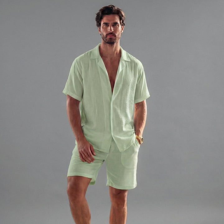 Men's Linen Short Sleeve Summer Set - Coordinated Ribbed Fabric Outfit — Green