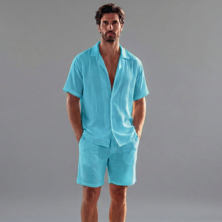 Men's Linen Short Sleeve Summer Set - Coordinated Ribbed Fabric Outfit — Turquoise