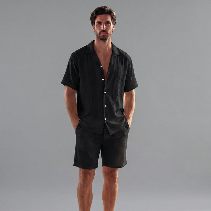 Men's Linen Short Sleeve Summer Set - Coordinated Ribbed Fabric Outfit — Black
