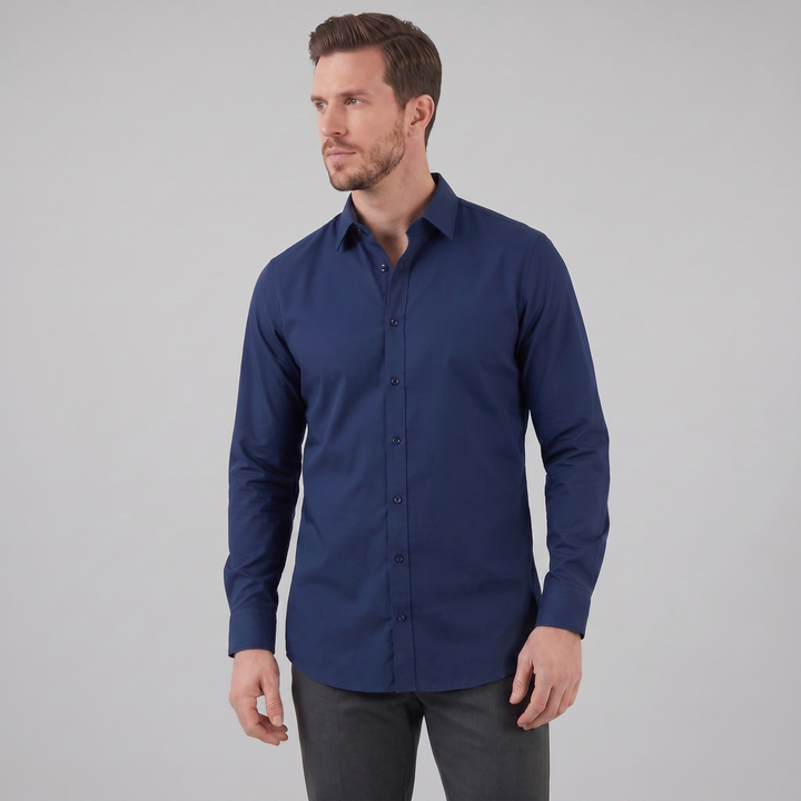 Men's Slim Fit Long Sleeve Dress Shirt with Point Collar - Classic Formal Office Wear — Navy Blue
