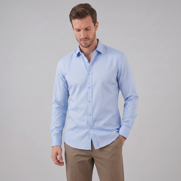 Men's Slim Fit Long Sleeve Dress Shirt with Point Collar - Classic Formal Office Wear — Light Blue
