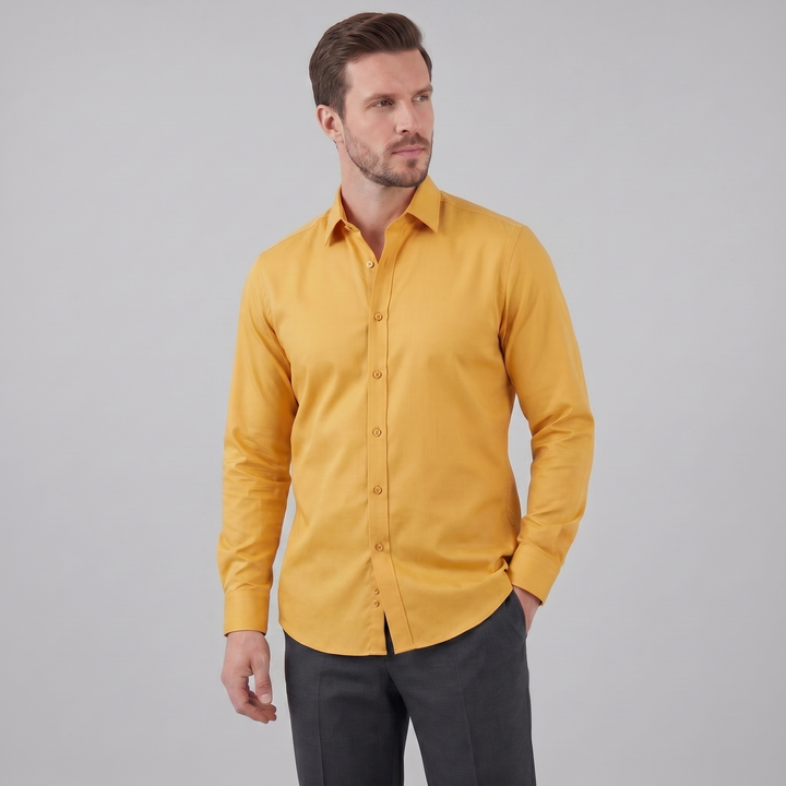 Men's Slim Fit Long Sleeve Dress Shirt with Point Collar - Classic Formal Office Wear — Yellow