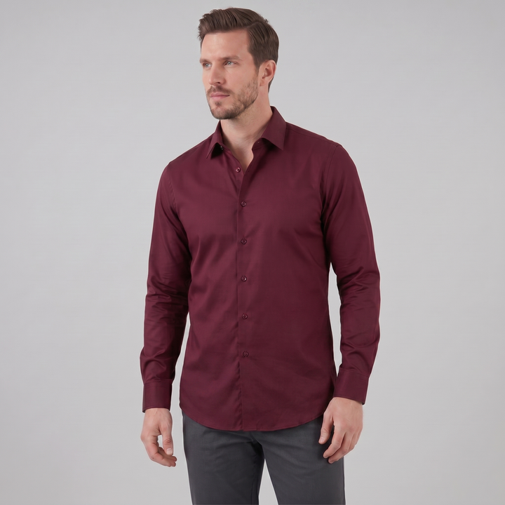 Men's Slim Fit Long Sleeve Dress Shirt with Point Collar - Classic Formal Office Wear — Red
