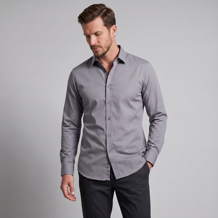 Men's Slim Fit Long Sleeve Dress Shirt with Point Collar - Classic Formal Office Wear — Gray
