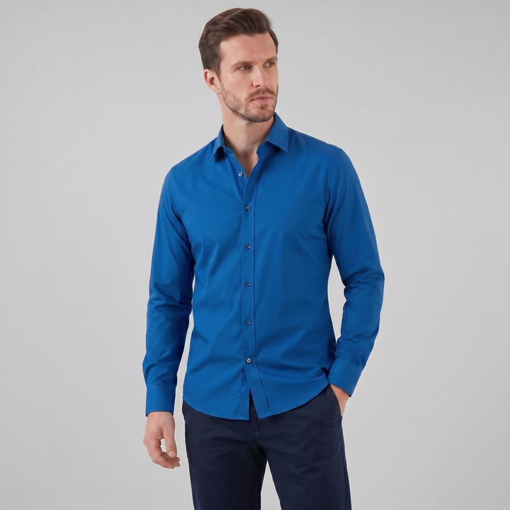 Men's Slim Fit Long Sleeve Dress Shirt with Point Collar - Classic Formal Office Wear — Blue