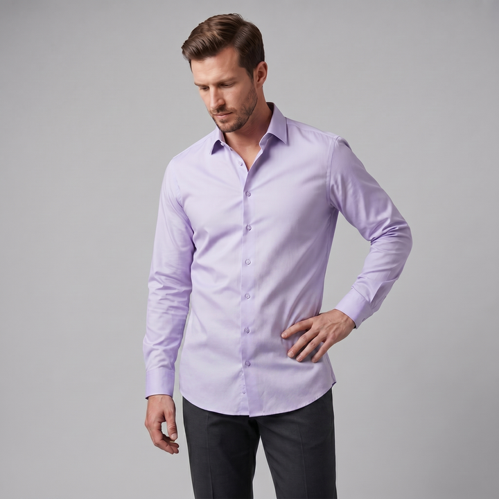 Men's Slim Fit Long Sleeve Dress Shirt with Point Collar - Classic Formal Office Wear — Light Purple