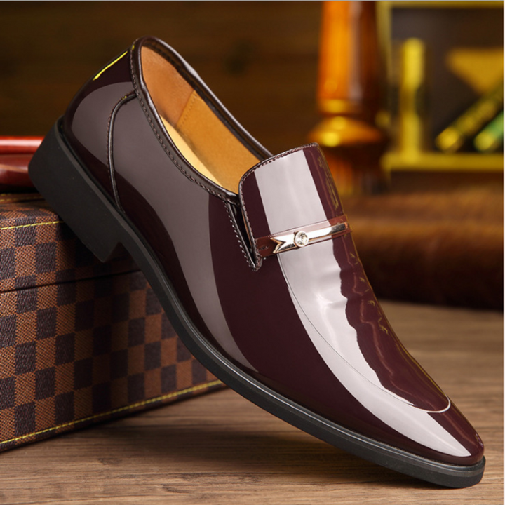 Men's Patent Leather Loafers with Brogue Detailing - Slip-On Dress Shoes — Brown