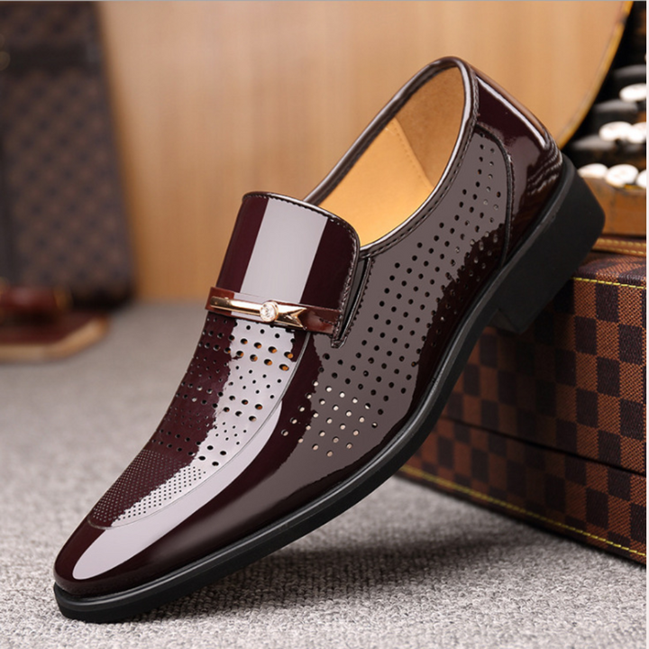 Men's Patent Leather Loafers with Brogue Detailing - Slip-On Dress Shoes — Brown Brogue