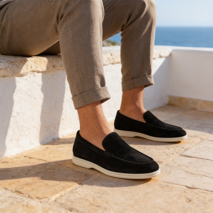Men's Suede-Effect Slip-On Penny Loafers - Smart Casual Shoes — Black