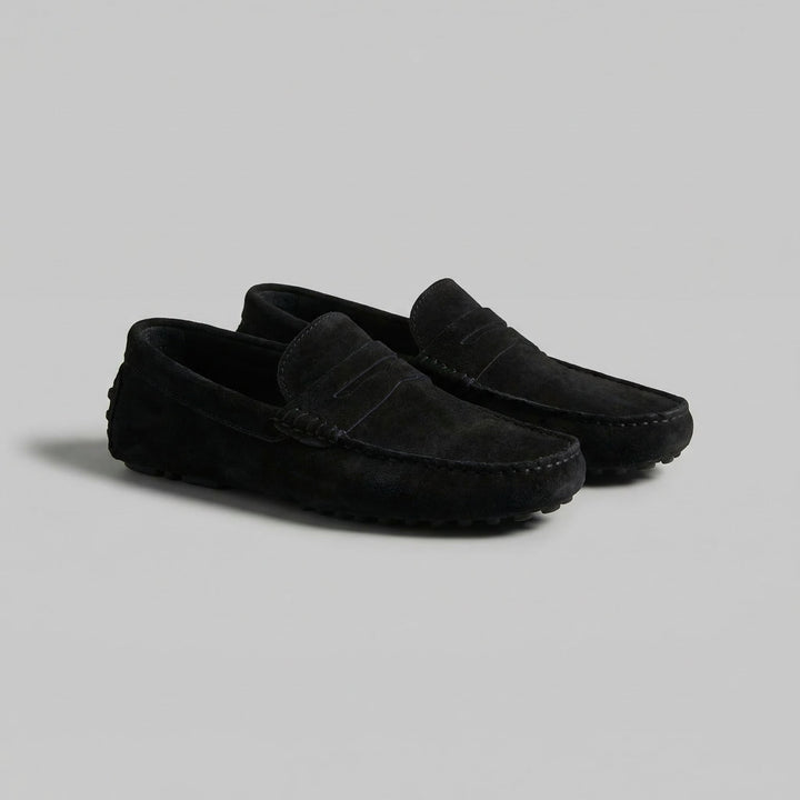 Men's Suede Penny Loafers - Sleek Casual to Formal Dress Shoes — Black
