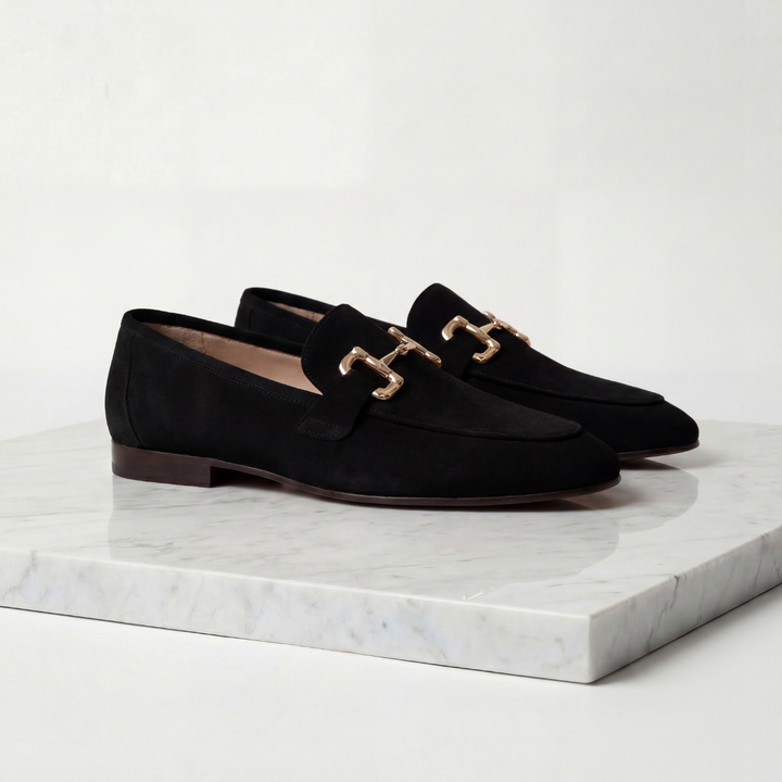Men's Suede Horsebit Loafers with Almond Toe - Slip-On Casual Dress Shoes — Black
