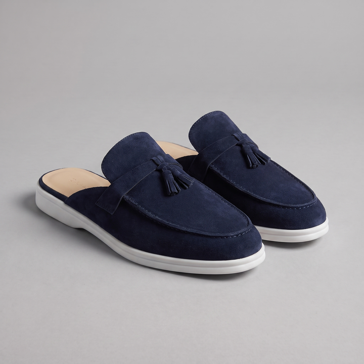 Men's Suede Loafer Mules with Metal Buckle Strap - Slip-On Casual Dress Shoes — Navy
