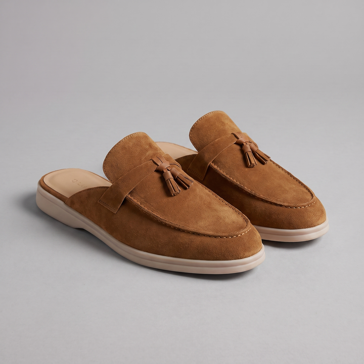 Men's Suede Loafer Mules with Metal Buckle Strap - Slip-On Casual Dress Shoes — Brown