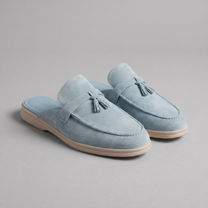 Men's Suede Loafer Mules with Metal Buckle Strap - Slip-On Casual Dress Shoes — Blue