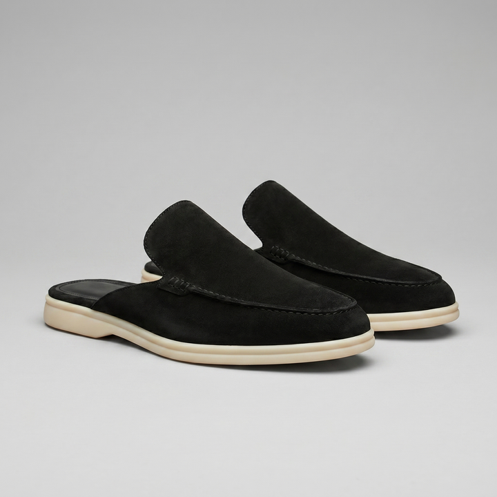 Men's Suede Backless Loafer Mules - Smart Casual Slip-On Shoes — Black