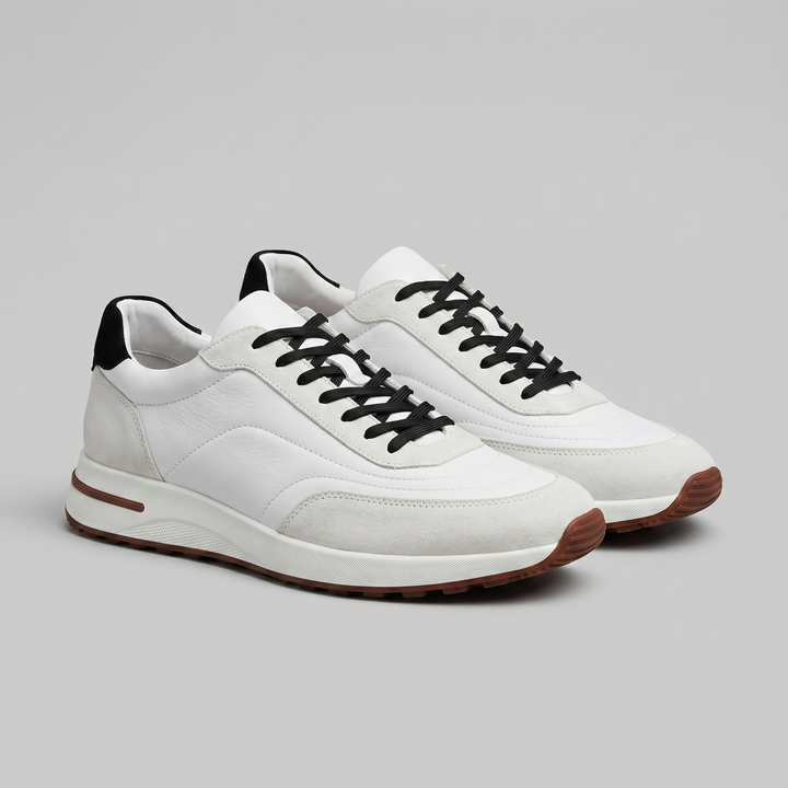 Men's Suede Panel Lace-Up Trainers with Leather Heel Tab - Casual Everyday Sneakers — White