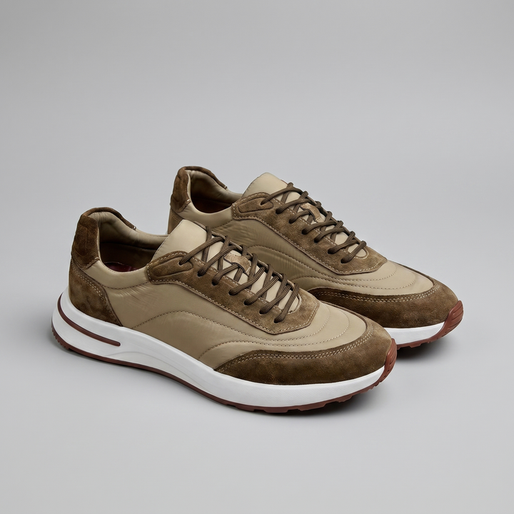 Men's Suede Panel Lace-Up Trainers with Leather Heel Tab - Casual Everyday Sneakers — Army Green