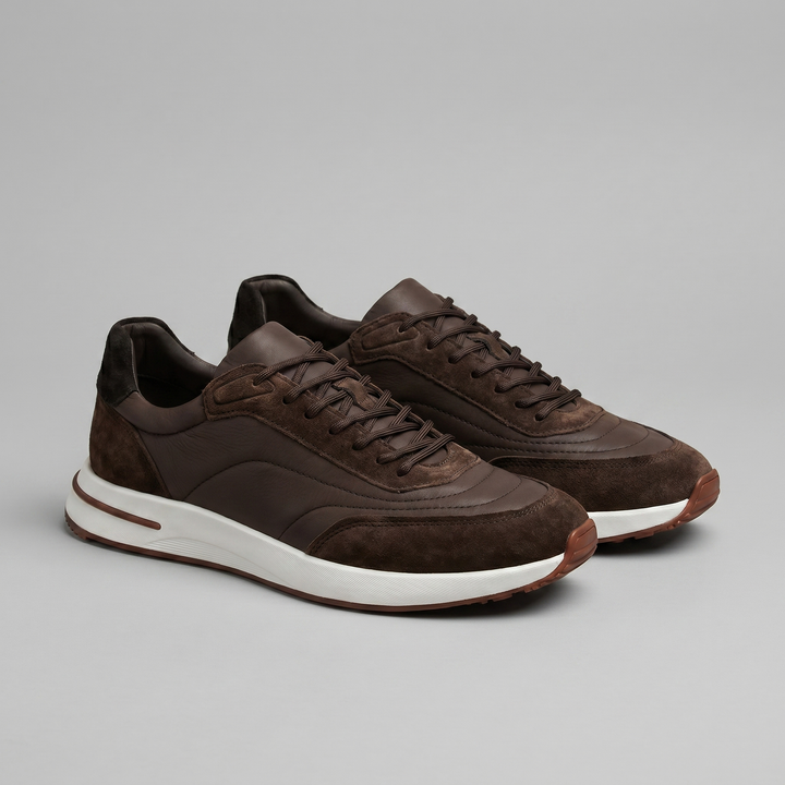 Men's Suede Panel Lace-Up Trainers with Leather Heel Tab - Casual Everyday Sneakers — Dark Brown