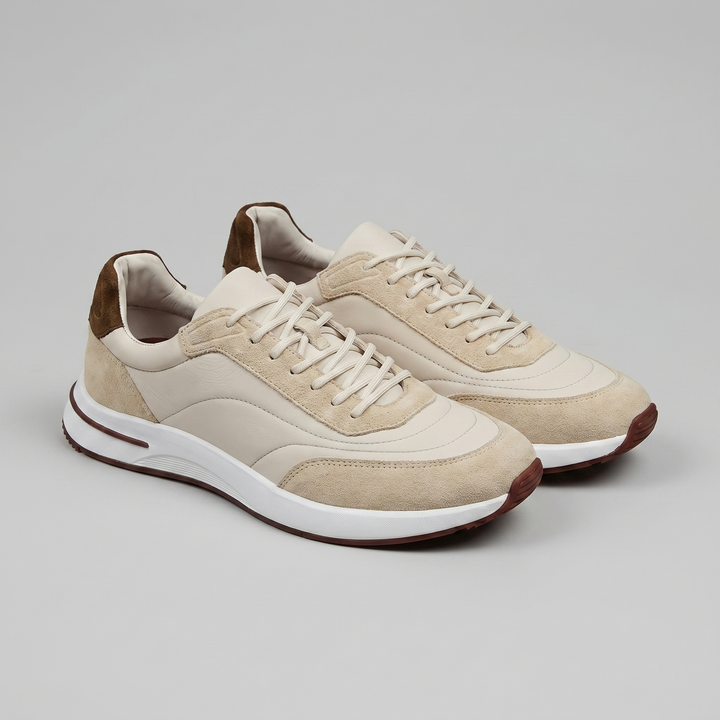 Men's Suede Panel Lace-Up Trainers with Leather Heel Tab - Casual Everyday Sneakers — Cream