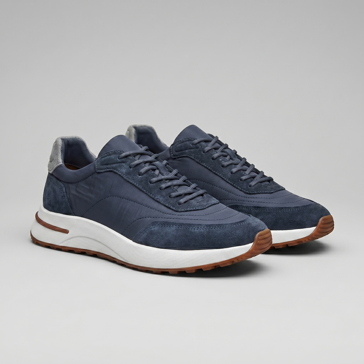 Men's Suede Panel Lace-Up Trainers with Leather Heel Tab - Casual Everyday Sneakers — Navy