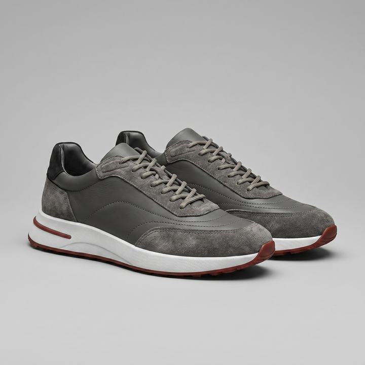 Men's Suede Panel Lace-Up Trainers with Leather Heel Tab - Casual Everyday Sneakers — Gray