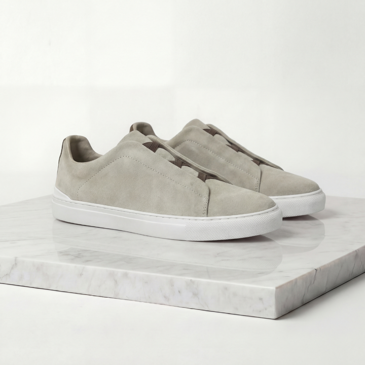 Men's Suede Sneakers with Loop Lacing - Semi-Formal Casual Shoes — Stone